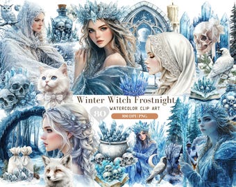 Imágenes prediseñadas de la noche de escarcha de la bruja del invierno de la acuarela, imágenes prediseñadas góticas de Navidad, gráficos PNG de la reina del invierno, imágenes prediseñadas de vacaciones, imagen de Navidad, descarga digital