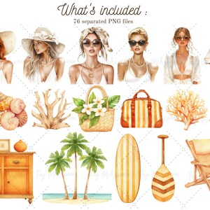 May include: A set of watercolor illustrations featuring summer vacation themes. The set includes images of women wearing summer clothes, palm trees, a surfboard, a beach chair, a suitcase, a basket of flowers, seashells, a coral, and a tropical bird.