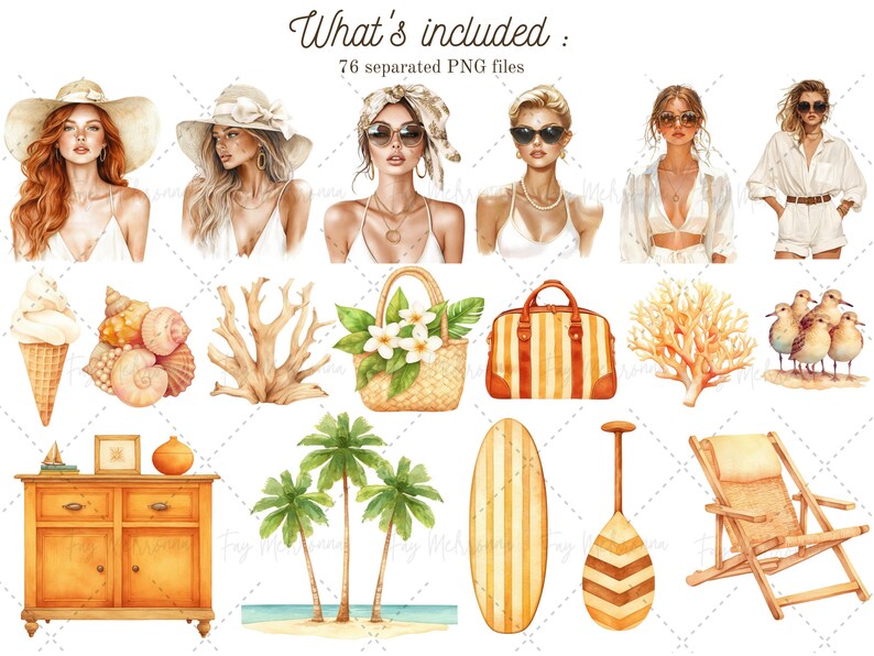 May include: A set of watercolor illustrations featuring summer vacation themes. The set includes images of women wearing summer clothes, palm trees, a surfboard, a beach chair, a suitcase, a basket of flowers, seashells, a coral, and a tropical bird.