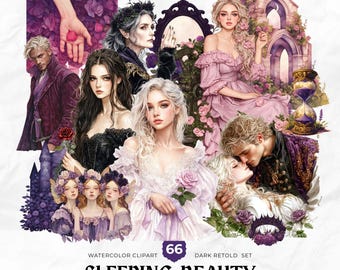 Akvarell Törnrosa Clipart, Mörk Gotisk Fantasy PNG Bundle, Mörk Saga, Förbannelse Magisk Häxa, Ond Drottning, Mörk Academia Halloween