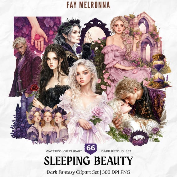 Watercolor Sleeping Beauty Clipart, Dark Gothic Fantasy PNG Bundle, Dark Fairy Tale, Curse Magic Witch ,Evil Queen, Dark academia Halloween