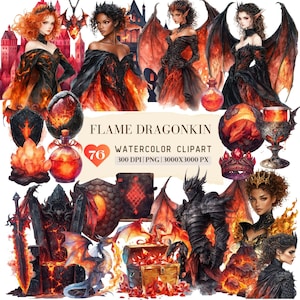 Aquarel vlam Dragonkin clipart, gotische Dragoncore, Fire Crimson Inferno Queen Knight grafische png, Halloween drakenheks, digitale download