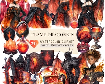 Watercolor Flame Dragonkin Clipart, Gothic Dragoncore, Fire Crimson Inferno Queen Knight Graphic PNG, Halloween Dragon witch,DigitalDownload
