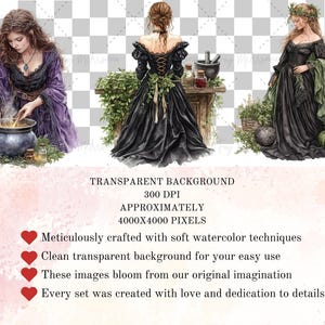 May include: Three watercolor illustrations of women dressed in black gowns with long sleeves and lace accents. Each woman is surrounded by greenery and has a different pose. One woman is stirring a cauldron, another is standing with her back to the viewer, and the third is holding a bouquet of flowers.