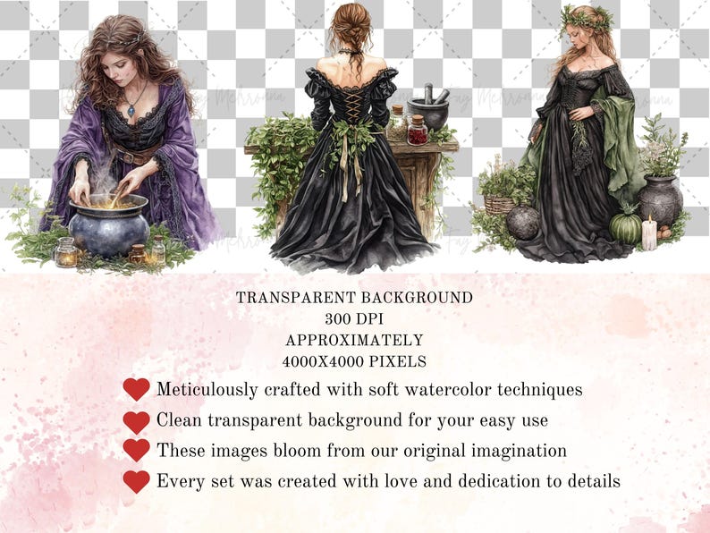 May include: Three watercolor illustrations of women dressed in black gowns with long sleeves and lace accents. Each woman is surrounded by greenery and has a different pose. One woman is stirring a cauldron, another is standing with her back to the viewer, and the third is holding a bouquet of flowers.