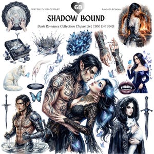 Può includere: Set di clipart ad acquerello intitolato "Shadow Bound" con temi dark romance. Il set include illustrazioni di coppie, una volpe bianca, farfalle, una corona e altri elementi gotici. È incluso anche il testo "Dark Romance Collection Clipart Set | 300 DPI PNG".
