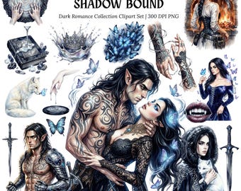 Dark Romance Watercolor Clipart | Gothic Fae Couple PNG | Quicksilver Romantasy | Fantasy Wedding Sticker | Smutty Book Club | Spicy Lover