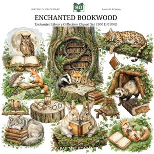 May include: Watercolor clipart set titled "Enchanted Bookwood" featuring various woodland creatures reading books. Includes an owl, fox, hedgehog, rabbits, and a cat, all surrounded by books and foliage. The set includes 300 DPI PNG files.