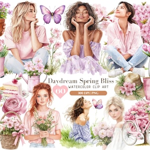 Aquarell Tagtraum Frühlingsglückseligkeit, Frühling ClipArt PNG, Pastell Frühling Liebespaar, rosa Blumengarten Clipart, DigitalDownload Aufkleber