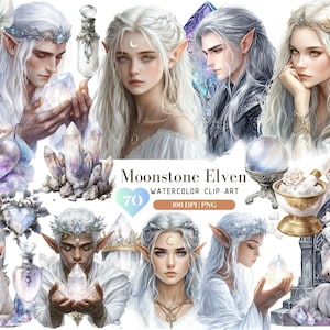 May include: Watercolor clip art set of 70 images featuring moonstone elves, crystals, and magical objects. The images are 300 DPI and in PNG format. The set includes a variety of elves, crystals, potions, and other magical items.