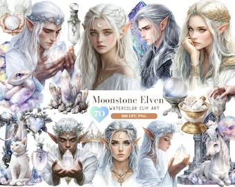 May include: Watercolour clip art set of 70 images featuring moonstone elves, crystals, and magical objects. The images are 300 DPI and in PNG format. The set includes a variety of elves, crystals, potions, and other magical items.