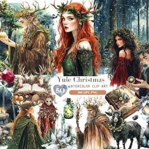 Clipart de Navidad de acuarela, clip art de Navidad gótico de hadas míticas fae, regalos de Navidad PNG, clipart de vacaciones, imágenes navideñas, descarga digital