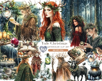 May include: A collection of watercolour clip art depicting mystical figures adorned with antlers and floral crowns. The image includes illustrations of people, animals, and natural elements, with the text "Yule Christmas" and "50".