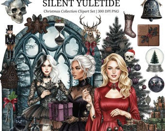 以下が含まれることがあります： 「Silent Yuletide」と題されたデジタル水彩イラスト。3人の女性、ゴシック様式のクリスマス装飾、テキスト「Christmas Collection Clipart Set」が特徴です。カラーパレットには、黒、赤、銀が含まれています。
