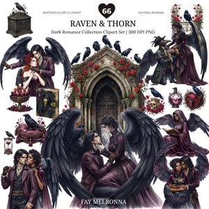 Può includere: Una collezione digitale di clipart ad acquerello Raven & Thorn con immagini gotiche tra cui figure alate, corvi, archi in pietra con rose rosse, teschi, clessidre e libri decorati. Il set include varie illustrazioni a tema dark romance.