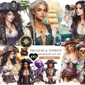 Tesouro e tempestade em aquarela, clipart de Piratecore, gráfico náutico, PNG marinho, garota rainha pirata, navio pirata, pirata renascentista, adesivo