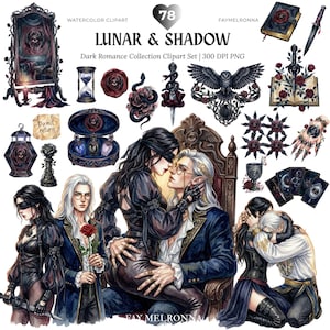 May include: Watercolor clipart set titled "Lunar & Shadow" featuring dark romance themes. Includes illustrations of couples, gothic accessories, roses, an owl, a book, a dagger, and other mystical elements. The set is labeled as 300 DPI PNG.