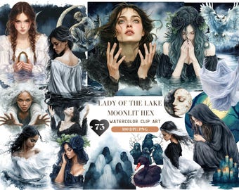 Watercolor Lady of the Lake Moonlit Hex Girl Clipart, Witch Clip Art, Gothic Girl PNG Bundle, Dark academia, Commercial Use, Digital sticker