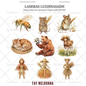 May include: Watercolor clipart with illustrations of animals and figures. Includes a bee, mice with wheat, a cat, a bear, a cow with flowers, and straw figures. The text "LAMMAS LUGHNASADH" is at the top.