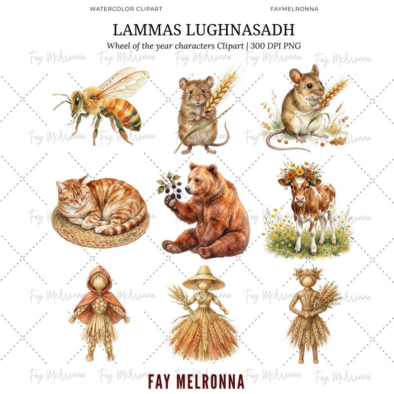 May include: Watercolor clipart with illustrations of animals and figures. Includes a bee, mice with wheat, a cat, a bear, a cow with flowers, and straw figures. The text "LAMMAS LUGHNASADH" is at the top.