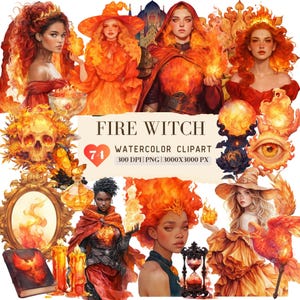 Watercolor Fire Witch Clipart, Gothic Witch Element ClipArt, Goddess Queen Graphic PNG, Halloween Clipart, Wicca Sticker, Digital Download