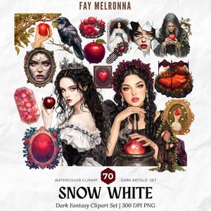 Może przedstawiać: Kolekcja akwarelowych clipartów zatytułowana "Królewna Śnieżka", przedstawiająca ilustracje dark fantasy. Zestaw zawiera obrazy kruka, czerwonych jabłek, portretów kobiet i innych powiązanych elementów. Widoczny jest również tekst "FAY MELRONNA" i "70".