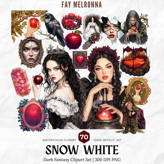 Watercolor Snow White Clipart, Dark Gothic Fantasy PNG Bundle, Dark Fairy Tale, Poison Alchemy Witch ,Evil Queen, Dark academia Halloween
