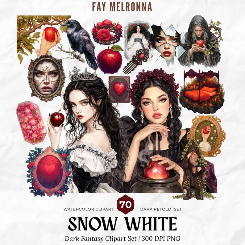 Akvarell Snövit Clipart, Mörk Gotisk Fantasy PNG Bundle, Mörk Saga, Gift Alkemi Häxa, Ond Drottning, Mörk Academia Halloween bild 1