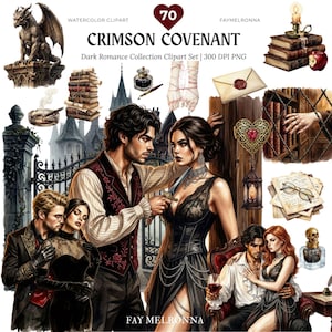 May include: A watercolour clipart set named "Crimson Covenant" with a dark romance theme. The image includes illustrations of couples, gothic architecture, books, and decorative elements. The set is labelled as 300 DPI PNG.