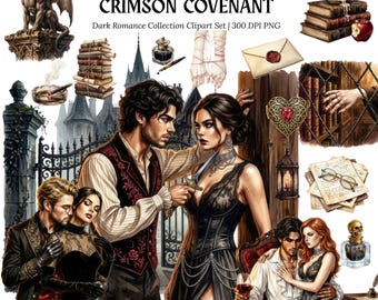 Dark Romance Watercolor Clipart | Gothic Couple PNG | Secret Society Romantasy, Dark Academia Wedding Sticker, Smutty Book Club, Spicy Lover
