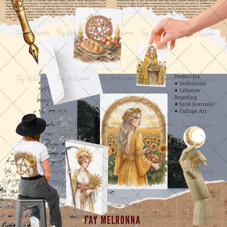 May include: A collage with watercolour illustrations and design elements. It features images of a woman in a sunflower field, a still life with bread and fruit, and a woman holding a basket. The text "FAY MELRONNA" is visible.
