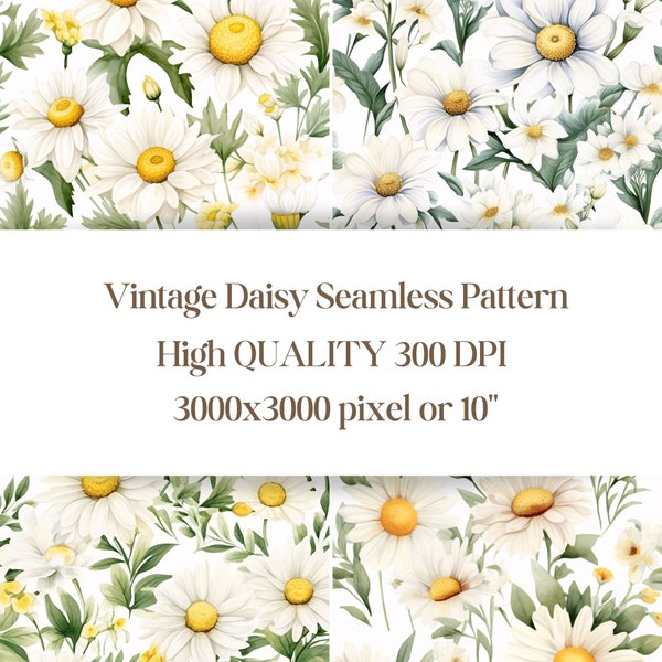 4 Vintage Daisy watercolor illustration, Seamless pattern, fabric print, Print on Demand, Sublimation, Repeat, Endless, PNG transparent