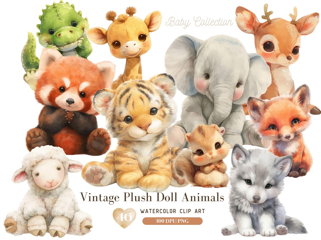 Watercolor Vintage Plush Animals Clipart Bundle, Nursery Animal Clip ...