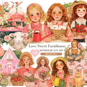 Lot de cliparts aquarelle amour doux ferme, ferme Cottagecore PNG, style campagne rose ferme fille PNG, conception graphique, téléchargement numérique