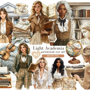 Paquete de imágenes prediseñadas de acuarela Light Academia, imágenes prediseñadas románticas góticas PNG, libros PNG, Bookworm, Dark Academia, librería, estantería, uso comercial