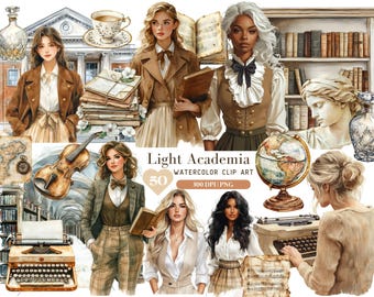 May include: Watercolor clip art set featuring a vintage academic theme. The set includes images of students, books, a globe, a typewriter, a violin, and a bust. The set is perfect for creating invitations, cards, and other paper crafts.