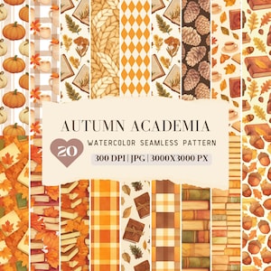Herbst Academia Nahtloses Muster, gemütliche beruhigende Herbst-Fall-Buch-Liebhaber, Herbst-Waldästhetik-Digitalpapier, sich wiederholendes Muster, Sammelalbum