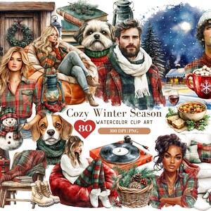 Akwarela Boże Narodzenie Clipart, Przytulny Zimowy Sezon Xmas Clip Art, Prezenty Bożonarodzeniowe Grafika PNG, Holiday Clipart, Obrazy Bożonarodzeniowe, Pobieranie Cyfrowe