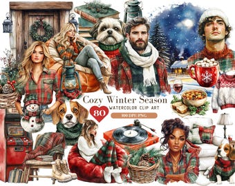 Watercolor Christmas Clipart, Cozy Winter Season Xmas Clip Art, Christmas gifts Graphics PNG, Holiday Clipart, Xmas Images, Digital Download