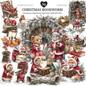 Könnte beinhalten: Eine Sammlung von Aquarell-Cliparts mit Tieren in Weihnachtskleidung, die Bücher lesen, darunter ein Dachs, Bär, Hase, Fuchs und Igel. Das Set enthält den Text 70 CHRISTMAS BOOKWORM Christmas Collection Clipart Set 300 DPI PNG.