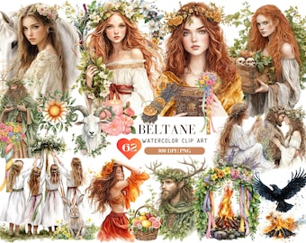 May include: Watercolour clip art set featuring a variety of images related to the Celtic festival of Beltane. The set includes images of people, animals, plants, and objects, all rendered in a whimsical and colourful style. The text "Beltane Watercolor Clip Art 300 DPI PNG" is included in the image.