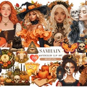 Watercolor Samhain Clipart, Pagan Gothic witch ClipArt, Goddess Fairy Queen Sabbat, Wicca Harvest Autumn, Celtic neopagan wiccan, witchcraft