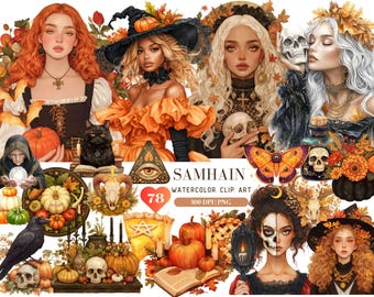 Watercolor Samhain Clipart, Pagan Gothic witch ClipArt, Goddess Fairy Queen Sabbat, Wicca Harvest Autumn, Celtic neopagan wiccan, witchcraft