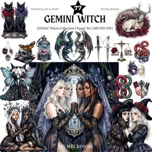 May include: A digital watercolor clipart set titled "Gemini Witch" featuring various gothic and mystical illustrations. The set includes images of black cats, dragons, witches, butterflies, and other occult-themed elements. The text "Zodiac Witch Collection Clipart Set | 300 DPI PNG" is also visible.