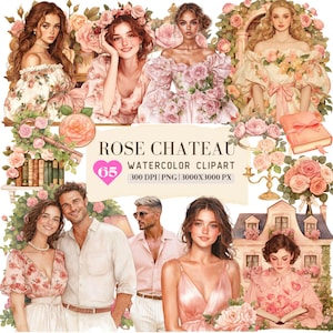 Watercolor Rose Chateau Clipart PNG Bundle, Pink Roses cottage, Summer graphics, Spring Flowers, holiday, outdoor vacation, digital download