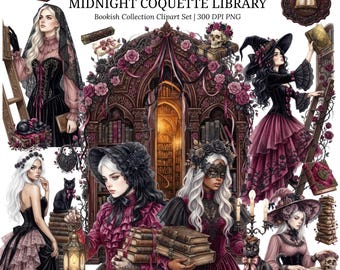 Donkere kokette aquarel clipart, donkere academische gotische bibliotheek PNG-bundel, zwarte roze heks PNG-bundel, Witchcore fantasy godin