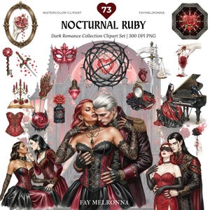 Puede incluir: Conjunto de imágenes prediseñadas de acuarela titulado "Nocturnal Ruby" con temas de romance oscuro. La imagen incluye ilustraciones de parejas, corsés, rosas, llaves, máscaras y otros elementos góticos en tonos de rojo, negro y gris. El texto "Dark Romance Collection Clipart Set" también es visible.