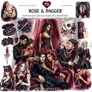 Può includere: Set di clipart ad acquerello intitolato "Rose & Dagger" con temi dark romance. L'immagine include illustrazioni di coppie, pugnali, rose ed elementi gotici nei toni del rosso, nero e bordeaux. Testo: "Dark Romance Collection Clipart Set" e "FAY MELRONNA".
