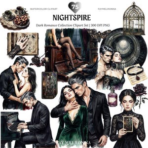 May include: A digital collection of watercolor clipart titled Nightspire, featuring illustrations of couples in formal attire, a piano, a birdcage, tarot cards, an open book with occult symbols, a moth, a black rose, and a vintage perfume bottle.