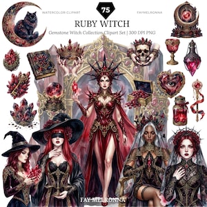 May include: A digital clipart set titled Ruby Witch featuring 75 watercolor illustrations including a central figure in a red gown, various witches, a skull, a crystal ball, a crown, a key, a book, a potion bottle, and a crescent moon.